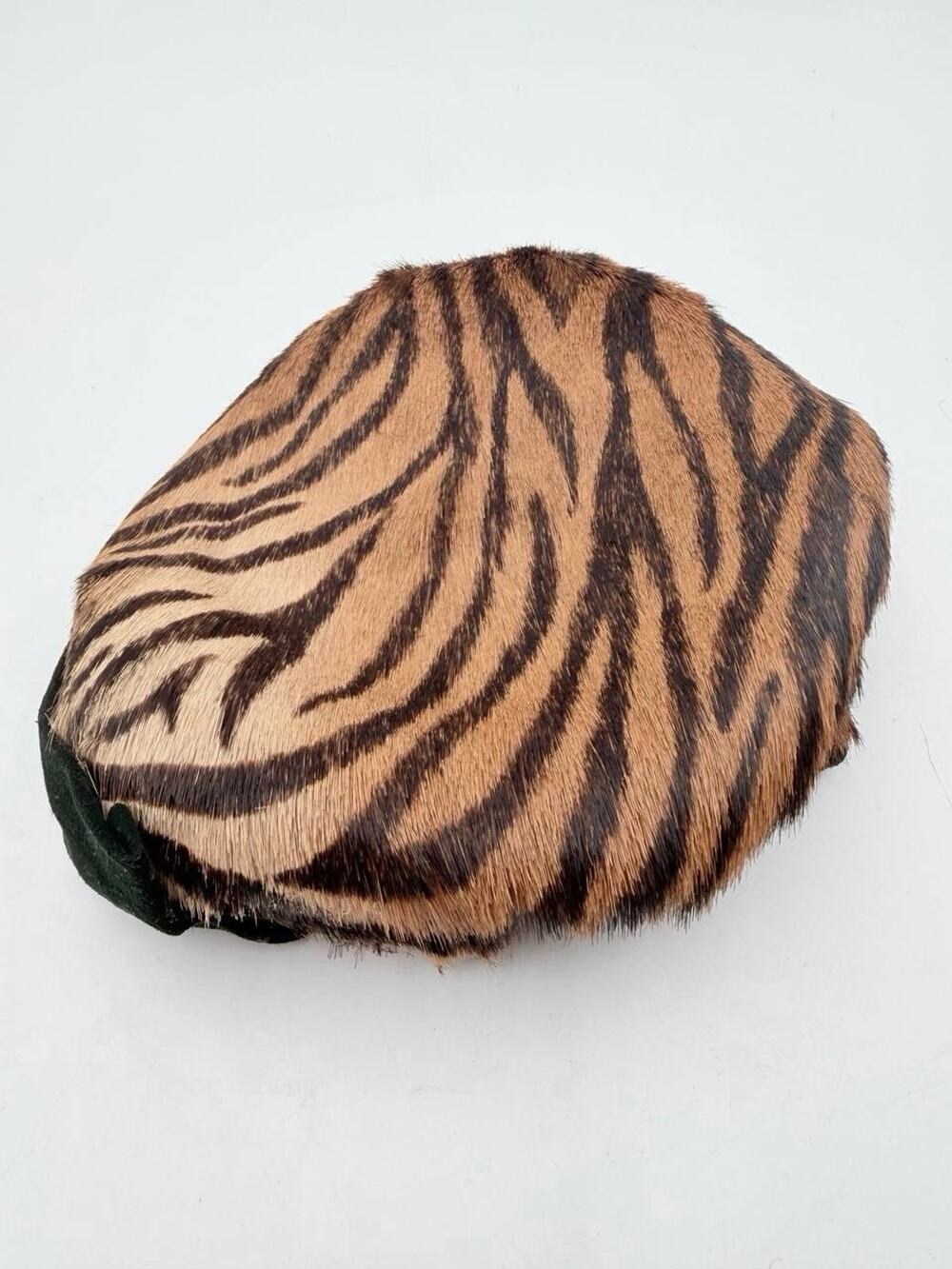 Vintage Genuine Fur Hat Animal Hide Striped Tiger Pattern Ethnic Tribal Cap